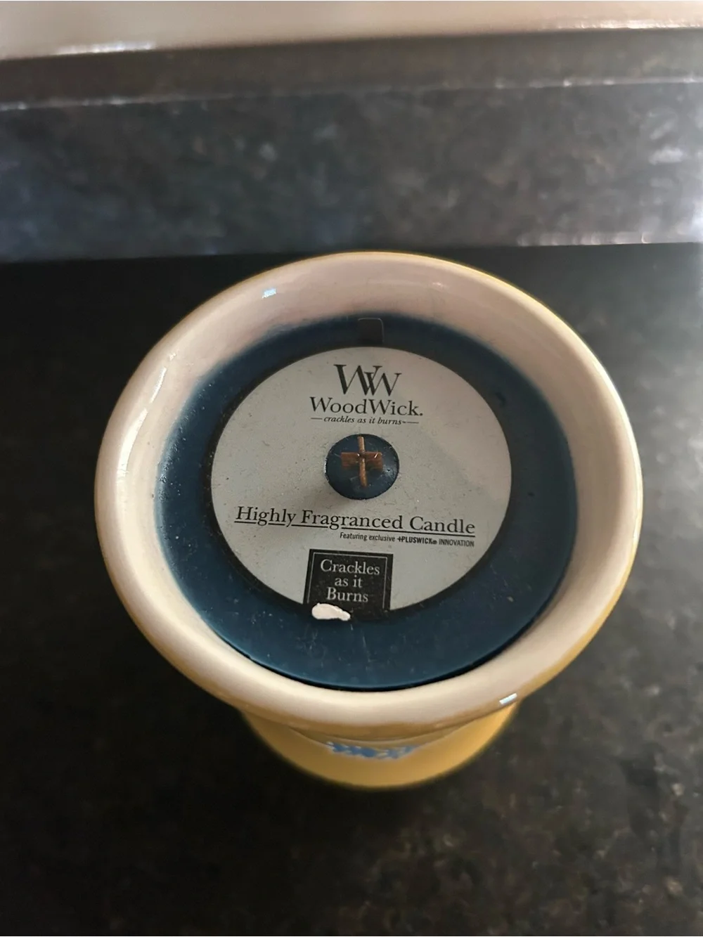 Woodwick Yellow Ceramic Candle Holder with Blue Accent DENIM